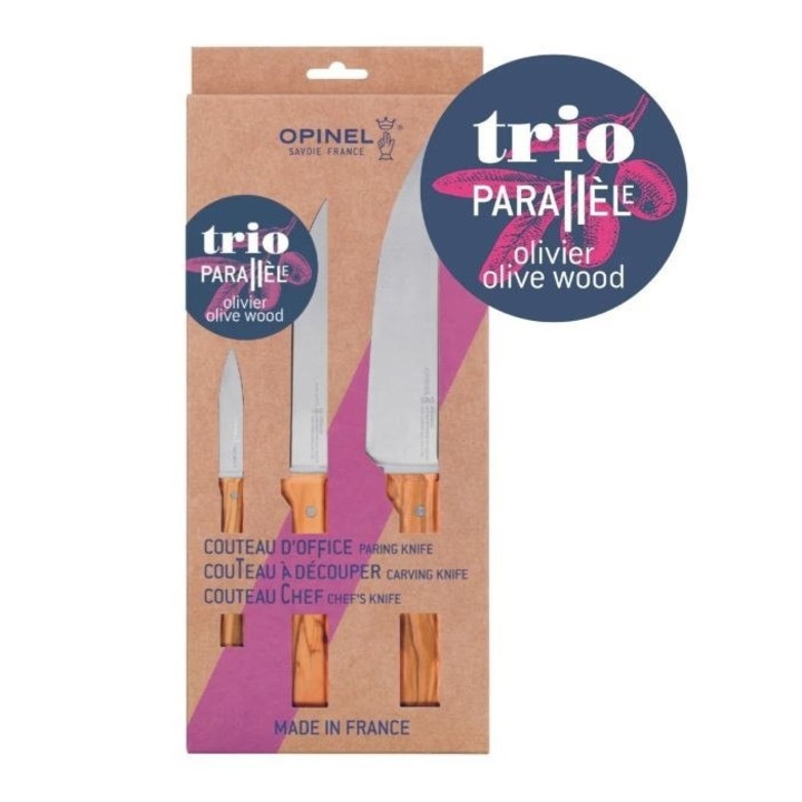 Set de cutite Opinel Parallele Trio, 3 piese, lemn de maslin, dimensiuni variate