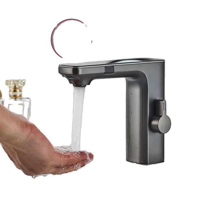 Érintésmentes érzékelős szaniter csaptelep digitális hőmérsékletkijelzővel, sötétszürke, a mosogatópultra szerelve