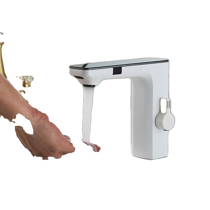 Érintésmentes érzékelős szaniter csaptelep digitális hőmérsékletkijelzővel, fehér színben, a mosogatópultra szerelve