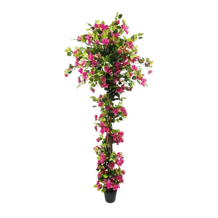 Copac bougainvillea artificial, Planta artificiala, De podea, Trunchi din lemn, Pentru exterior, Marime M, Plastic, Alb laptos
