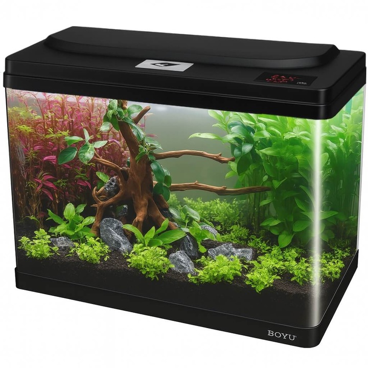Acvariu BOYU, 83 litri volum brut, negru, capac cu LED Smart Touch, filtru on-top 500 l/h, display temperatura, acvariu pesti premium