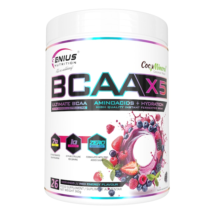 Aminoacizi pudra Genius Nutrition BCAA X5 pentru refacerea si dezvoltarea masei musculare cu aroma Red Energy, 360 g