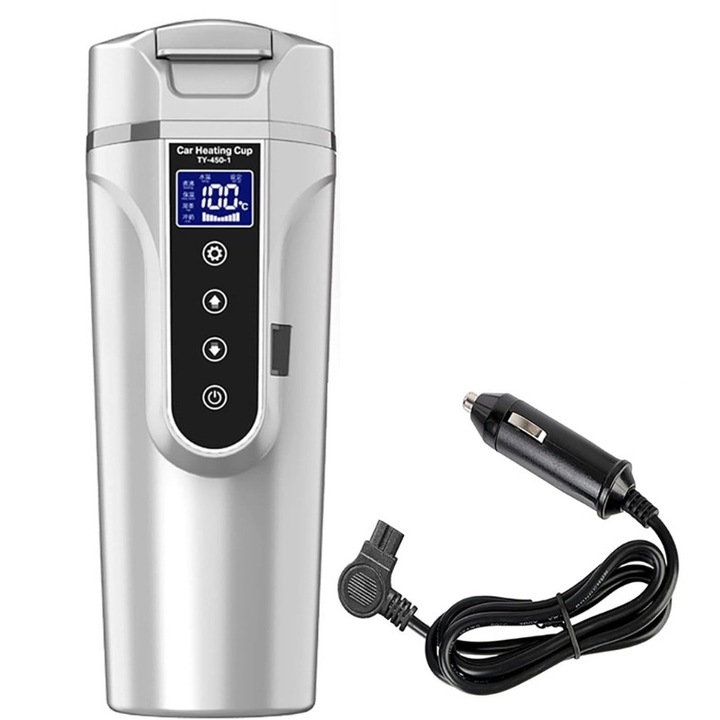 Термо чаша, Автоматично нагряване, Регулируема температура, Сензорно управление, Защита от протичане, За кола, 500 мл, DAVID INDUSTRIES, бяла