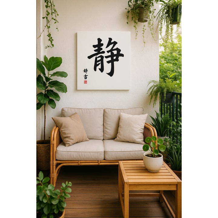Tablou pictat manual 50×50 cm – Caracter chinezesc 静 (Liniste), pe panza bumbac