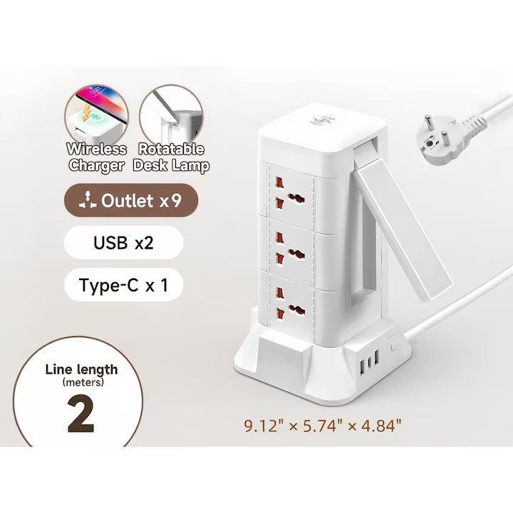 Torony elosztó, 9 konnektor/2 USB/1 C-típusú, vezeték nélküli töltés, gyermekvédelem, biztonsági kapcsoló, túlfeszültség-védelem, éjszakai fény, 2500W, 2M
