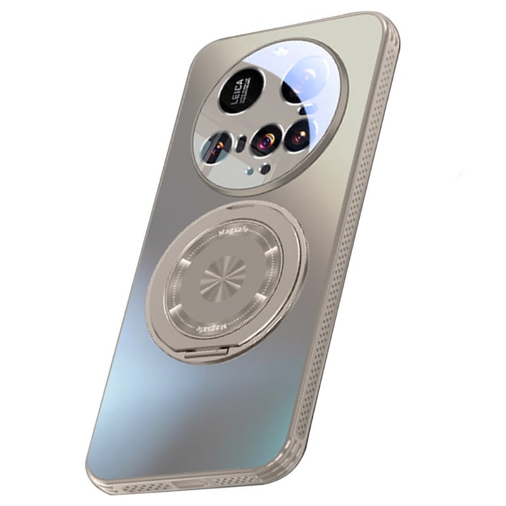 Husa pentru Xiaomi 15 Ultra, inel magnetic Stand Wireless Charging Protection Cover cu Lens Film Hard PC Heat Vent Shell-Gri