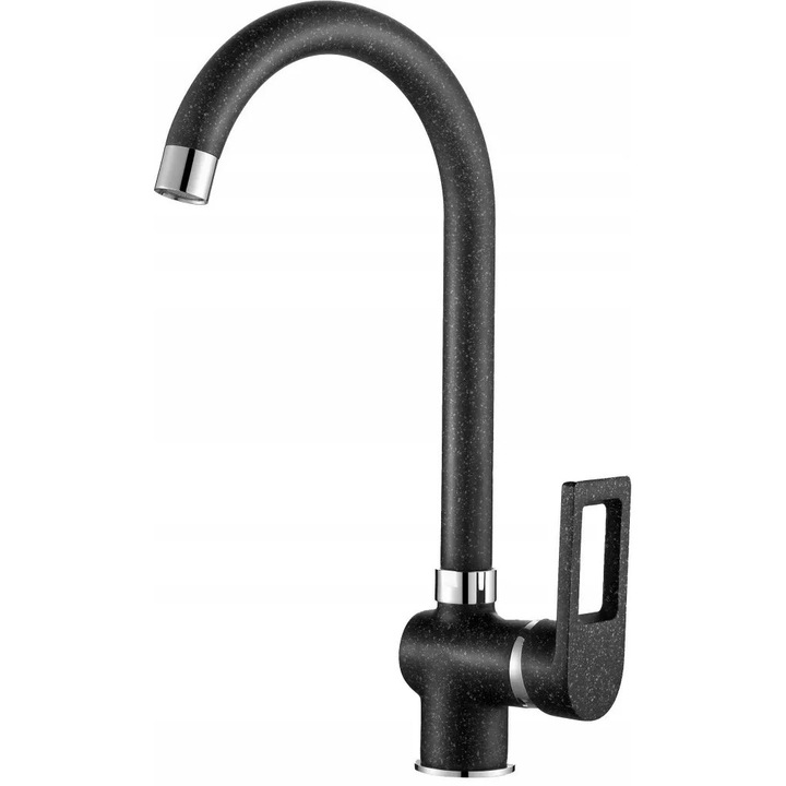 Konyhai csaptelep zuhanyzóval, Kuchinox, Gránit 4, 350x170x260 mm, Fekete/Ezüst, Sárgaréz, Kerámia betét, 360°-ban forgó zuhanyfej, Cserélhető perlátor M24