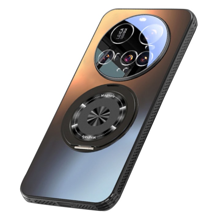 Husa pentru Xiaomi 15 Ultra, inel magnetic Stand Wireless Charging Protection Cover cu Lens Film Hard PC Heat Vent Shell-Negru