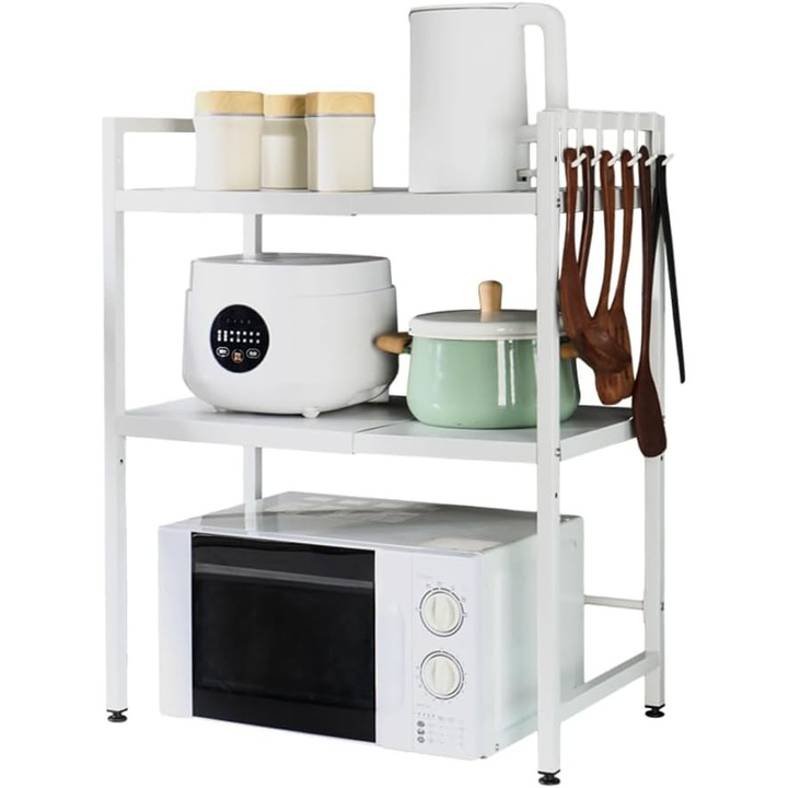 Метален рафт за микровълнова фурна, Wacorresi, Регулируем, кухненски органайзер, 40-64 x 36.5 x 78 см, Бял