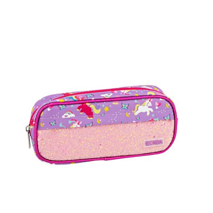 Penar Daco Ecada 2 fermoare, unicorni și curcubee, roz, 21.5x5x10cm