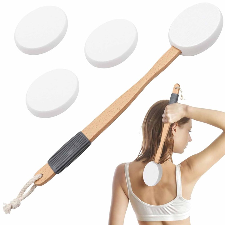 Perie de baie, SINBINTA, Aplicator pentru lotiuni, Perie pentru corp, 2in1, Umeda si uscata, Maner curbat, Antiderapant, Pentru curata pielea, ingrijire zilnica, EVA/Lemn, 44.5*9cm, Bej/Alb