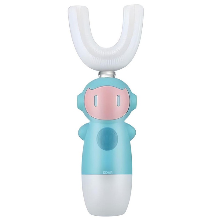 EDAR Elektromos Fogkefe, Gyerekeknek, U-alakú, 360 fokos fogmosás, 3-12 éves korig, Élelmiszeripari minőségű szilikon, AAA elemes, kék