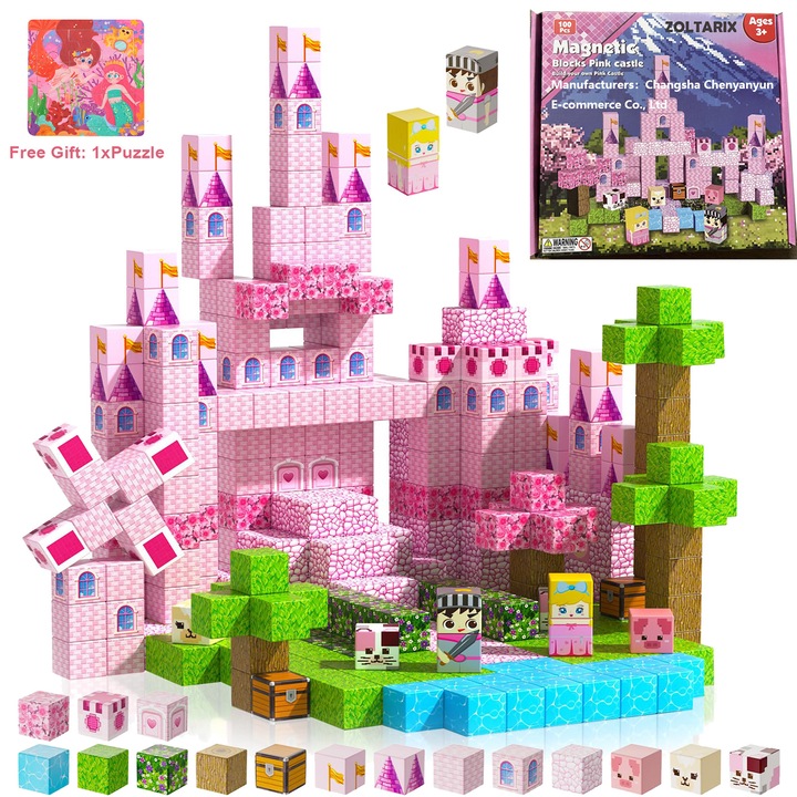 Set de Constructie Magnetic 100 de Piese, ZOLTARIX, Cuburi magnetice castel printesa, Montessori Jucarii, Numeroase Posibilitati de Construit Creativ, Cuburi, DIY, Imaginatia si Creativ, Cadoul pentru copii 3ani+, Cadouri de ziua de nastere, Craciun