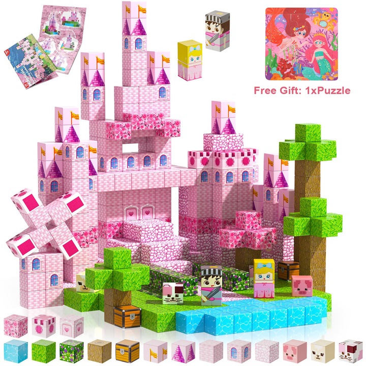 100 darabos mágneses építőkészlet, mágneses összeszerelés, 3D, lépj be a virtuális világba, kastély, STEM játékok, számos kreatív építési lehetőség, kockák, barkácsolás, BPA-mentes, képzelet és kreativitás, ajándék gyerekeknek, 3 éves kortól, többszínű