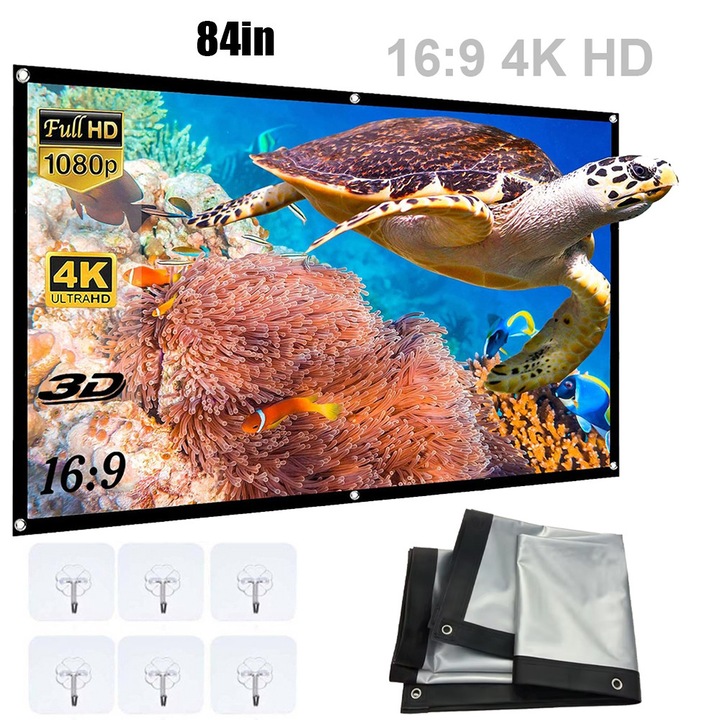 Екран за проектор, AKKEE®, Преносим прожекционен екран, Външен екран за филми, 16:9, 84 инча, 4K HD, Сгъваем, с анти-светлинен ефект, от влакна с висока плътност, За къмпинг и домашно кино, С 6 куки