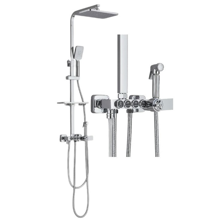 Coloana de Dus Baie BisDesign®, Termostat Temperatura Apa, Reglabila pe Inaltime, Cos Organizator, Finisj Crom Lucios, Palarie Dus 30 cm cu Efect Ploaie, 4 Functii de Curgere