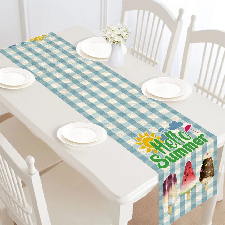YANYXR BCS3146085 asztali futó, pamut és len, vízálló és olajálló, kék/krém kockás Hello Summer mintával
