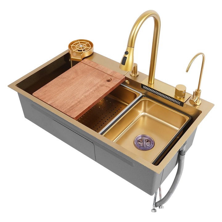 Chiuveta de bucatarie, Cuva simpla, 80×46×22 cm, Otel inoxidabil 304, Cu baterie, Moduri multiple de jet, Rezistenta la pete, Auriu