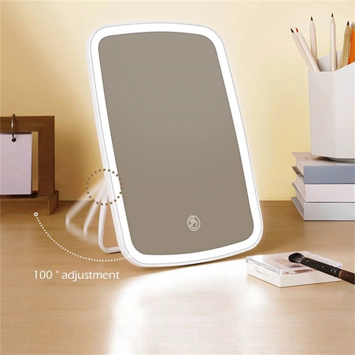 Oglinda cosmetica portabila cu suport, 10x marire, dimensiuni 12x14cm, culoare alba