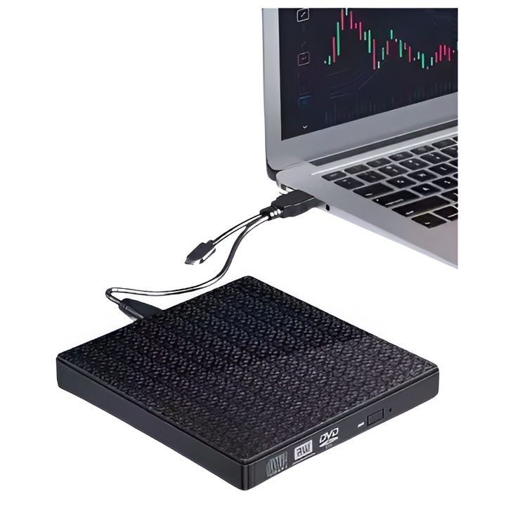 Външно оптично устройство Tradebit DVD CD, 2 USB 3.0, четец на SD/TF карти, черно, 14x14x1.8 см