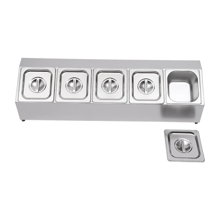 Raft pentru condimente, 5 recipiente, design inclinat, argintiu