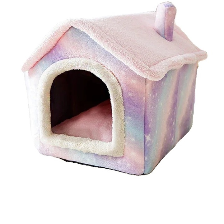 Culcus pentru pisici, roz, L, design semi-inchis, cu perna detasabila, pentru animale de pana la 14 kg