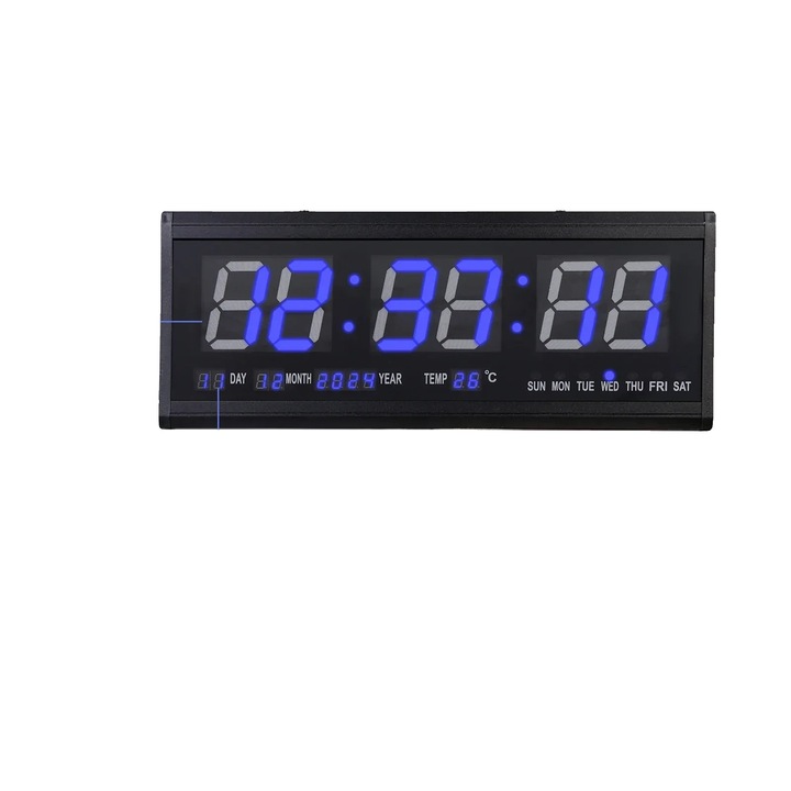 Ceas decorativ, LED, functie de data si temperatura, albastru, 18x19x3cm