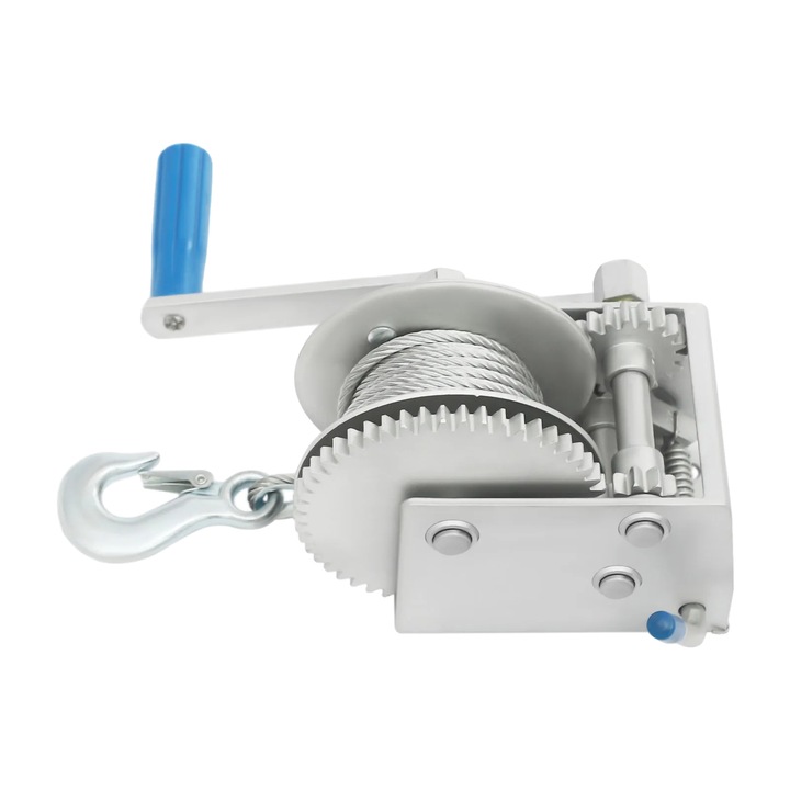 Winch manual, 2500 lbs capacitate de tragere, 3 rapoarte de transmisie, argintiu, 7m cablu