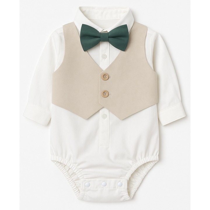 Costum Botez Baiat 5 Piese cu Camasa Tip Body – Sacou Verde, Pantaloni Bej, Vesta, Papion si Bereta – Tinuta Eleganta, 3-6 luni