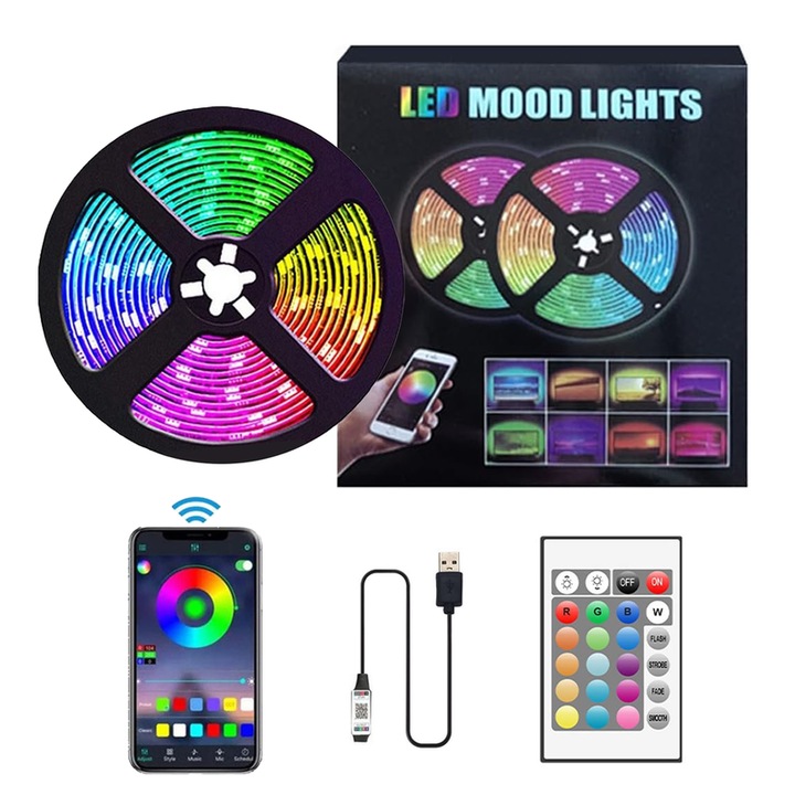 RGB LED лента - IR, Bluetooth и управление чрез приложение, синхронизация с музика, декор за телевизор, игрална стая, партита, фестивал, 2 метра