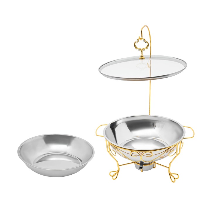 Нагревател за бюфет (chafing dish), Кръгъл комплект 6 л, Неръждаема стомана, С капак, Стойка, Топлоустойчива дръжка, За бюфет и партита