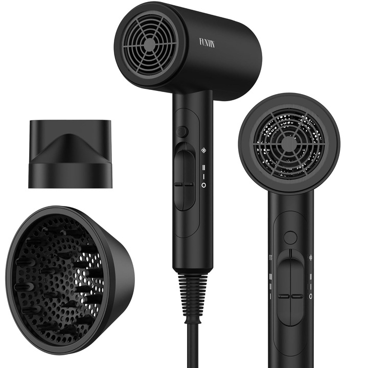 FUNTIN 1800 W-os hajszárító ionos kerámia technológiával, diffúzorral és kefével, fekete
