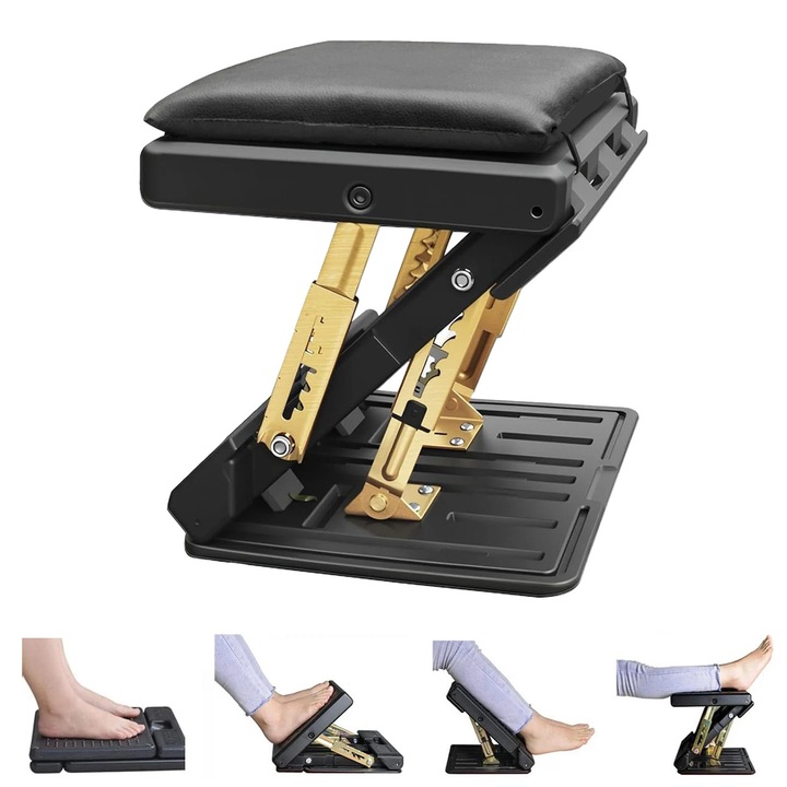 Suport ergonomic pentru picioare, Taburet pentru sub birou, 4 trepte de inaltime, Rotativ, Pliabil, Antiderapant, Perna detasabila, Cadru metalic, Negru