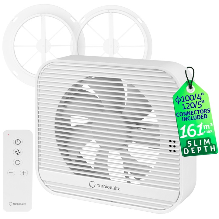 Ventilator de baie Turbionaire Axio 1012 R, Telecomanda, Consum max. 7.8W, 5 viteze + Boost, Motor DC Brushless, Conectori si Clapete anti retur 100 mm si 120 mm, Multifunctional, Debit aer max. 163mc/h, Alb