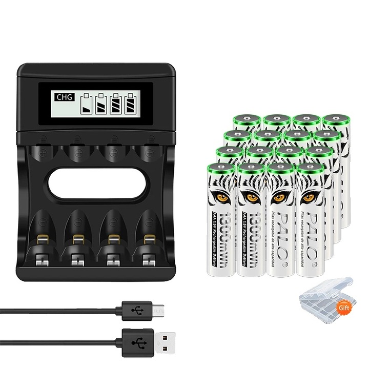 16 darabos AAA Li-Ion 1300mWh akkumulátorkészlet intelligens töltővel, 93x66x25mm