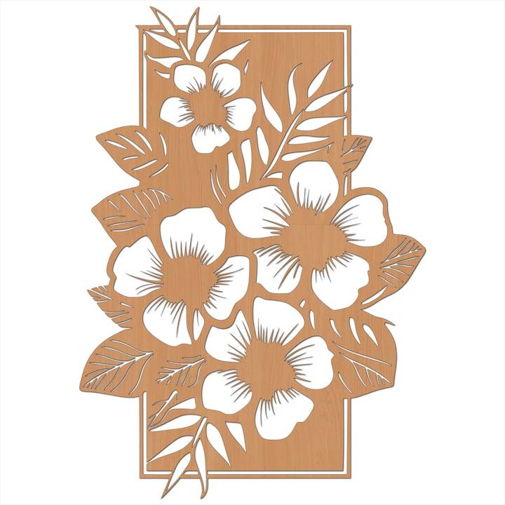 Decoratiune Perete Lemn, Buchet Camelii, 56x80cm, Fag, 3D