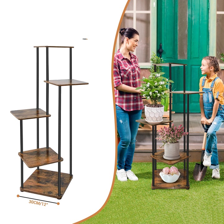 Suport pentru plante, 5 niveluri, metal si lemn, 106.5x30x30 cm, utilizare interioara