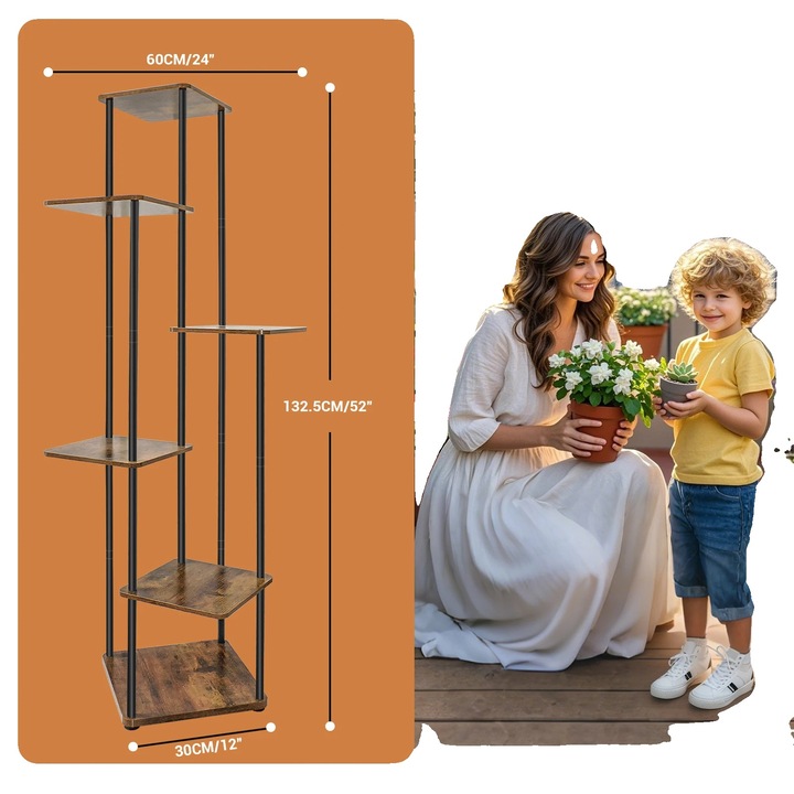 Suport pentru plante, 6 niveluri, metal si lemn, 132x30x30 cm, multicolor