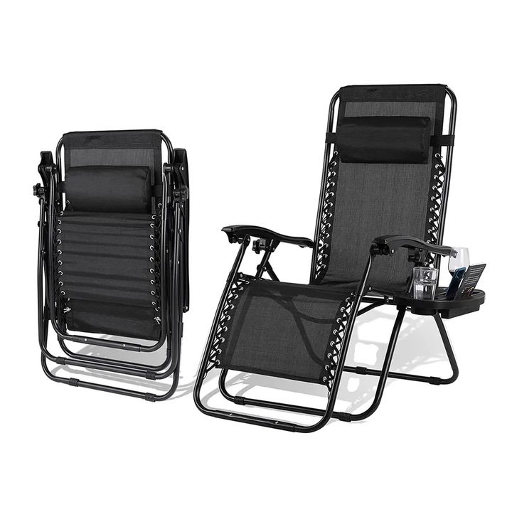 Scaun de relaxare pliabil, negru, cu masa laterala detasabila, dimensiuni 110x64x90cm, capacitate maxima 140kg
