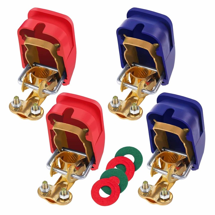 Set 4 borne baterie auto SINBINTA, polii pozitiv si negativ, fixare rapida, cupru, multicolor, diametru gaura 19/17mm