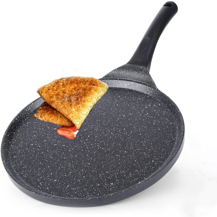 Tigaie pentru Clatite CENYEDA, 26,5 cm, Strat Antiaderant Granit, Compatibila Inductie, Maner Comfort, Neagra