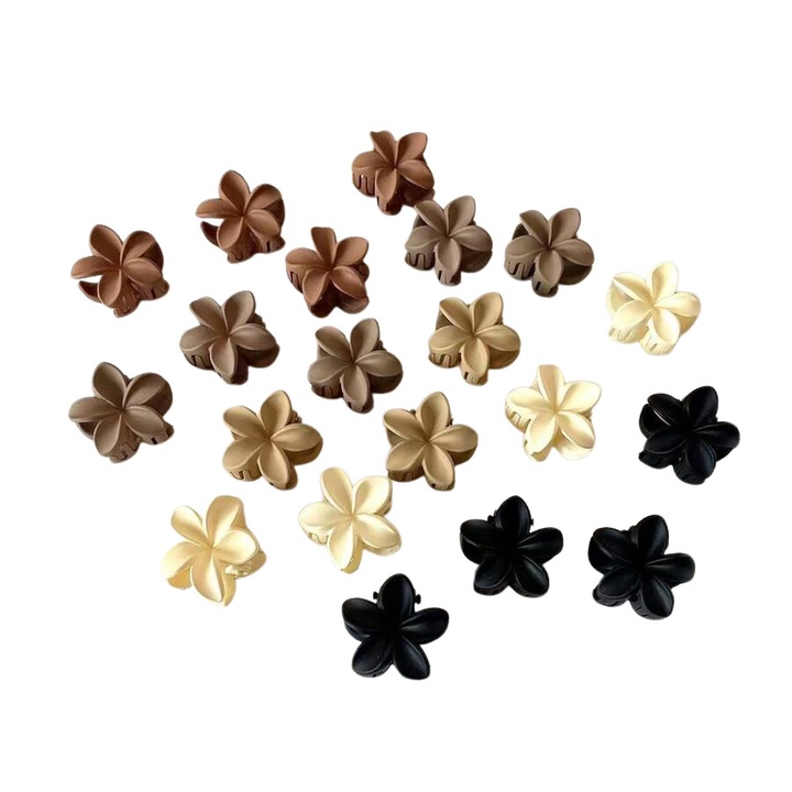 Set 20 Clame de par, Danati™, Mini, Model Floare, Culoare Negru/Maro/Caffe/Bej, Dimensiune 2, 5 x 2, 5cm