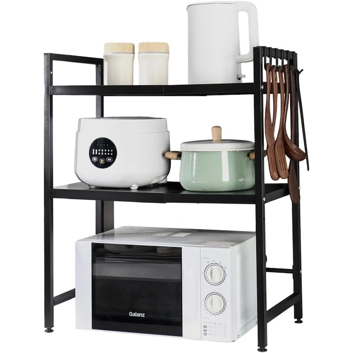 Метален рафт за микровълнова фурна, Wacorresi, Регулируем, кухненски органайзер, 40-64 x 36.5 x 78 см, Черен