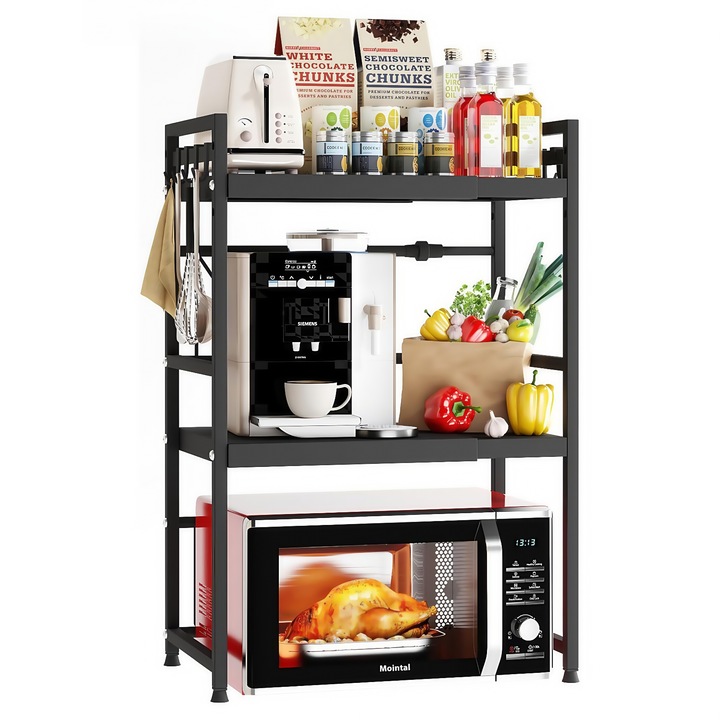 Raft Metalic Cuptor cu Microunde, Wacorresi, Suport pentru cuptor cu microunde, Raft cuptor microunde, Organizator Bucatarie cu 3 Niveluri, etajera ajustabila, 6 Carlige, Vopseaua din otel carbon este usor de curatat, 40-60x36x46cm, negru