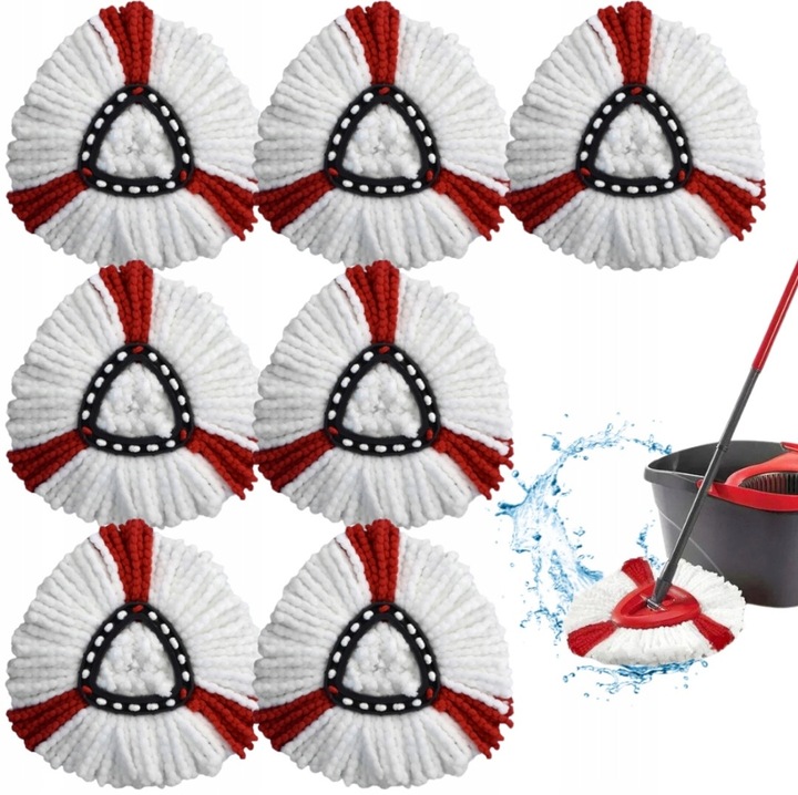 Set 7 Capete pentru mop rotativ, BISANTI, microfibra, alb/rosu, 36x36cm