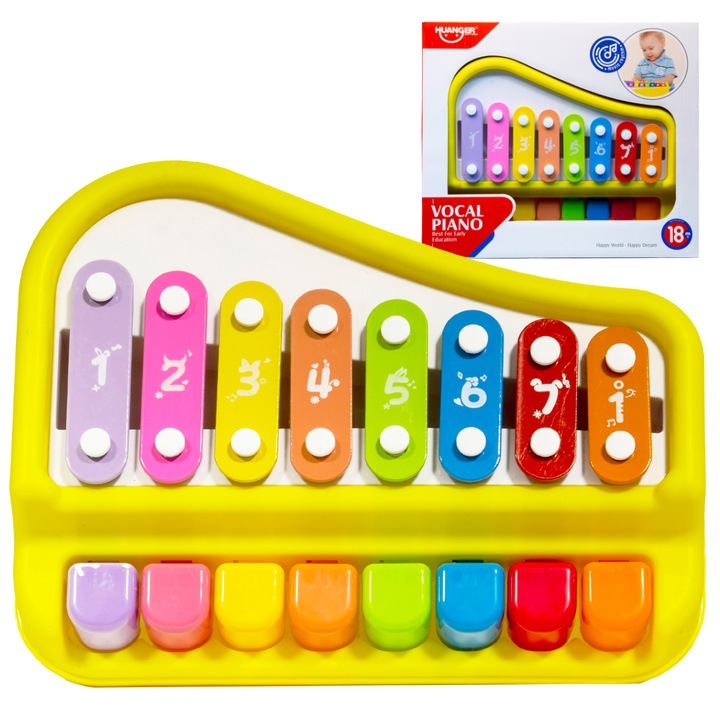 2 az 1-ben zongora típusú xilofon zenélő játék, Huanger, oktató jellegű, többszínű, 18 hónapos kortól