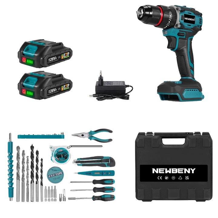Електрическа бормашина и отвертка, 3 в 1, с безчетков мотор, максимален въртящ момент 80 Nm, комплект от 2 батерии, 18V