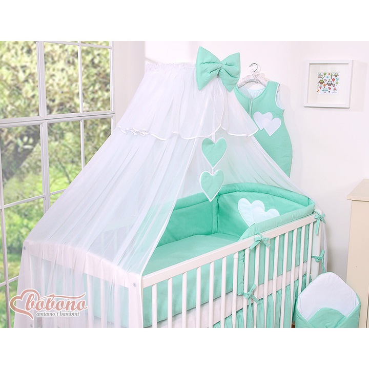 Plasa pentru patut, Bobono, 470x160cm, alb, cu inimioare si fundita, set complet