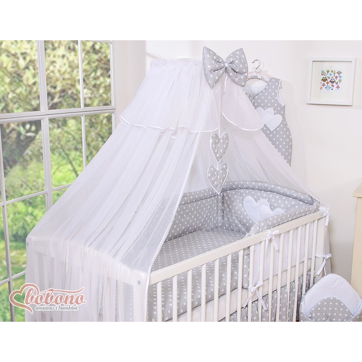 Мрежа за детско креватче, Bobono, 470x160см, бял, със сърчица и панделка, пълен комплект