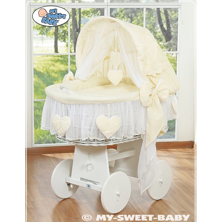 Cos Moise cu copertina, My Sweet Baby, alb, cu lenjerie crem, dimensiuni 98x65x130cm, saltea 80x45cm